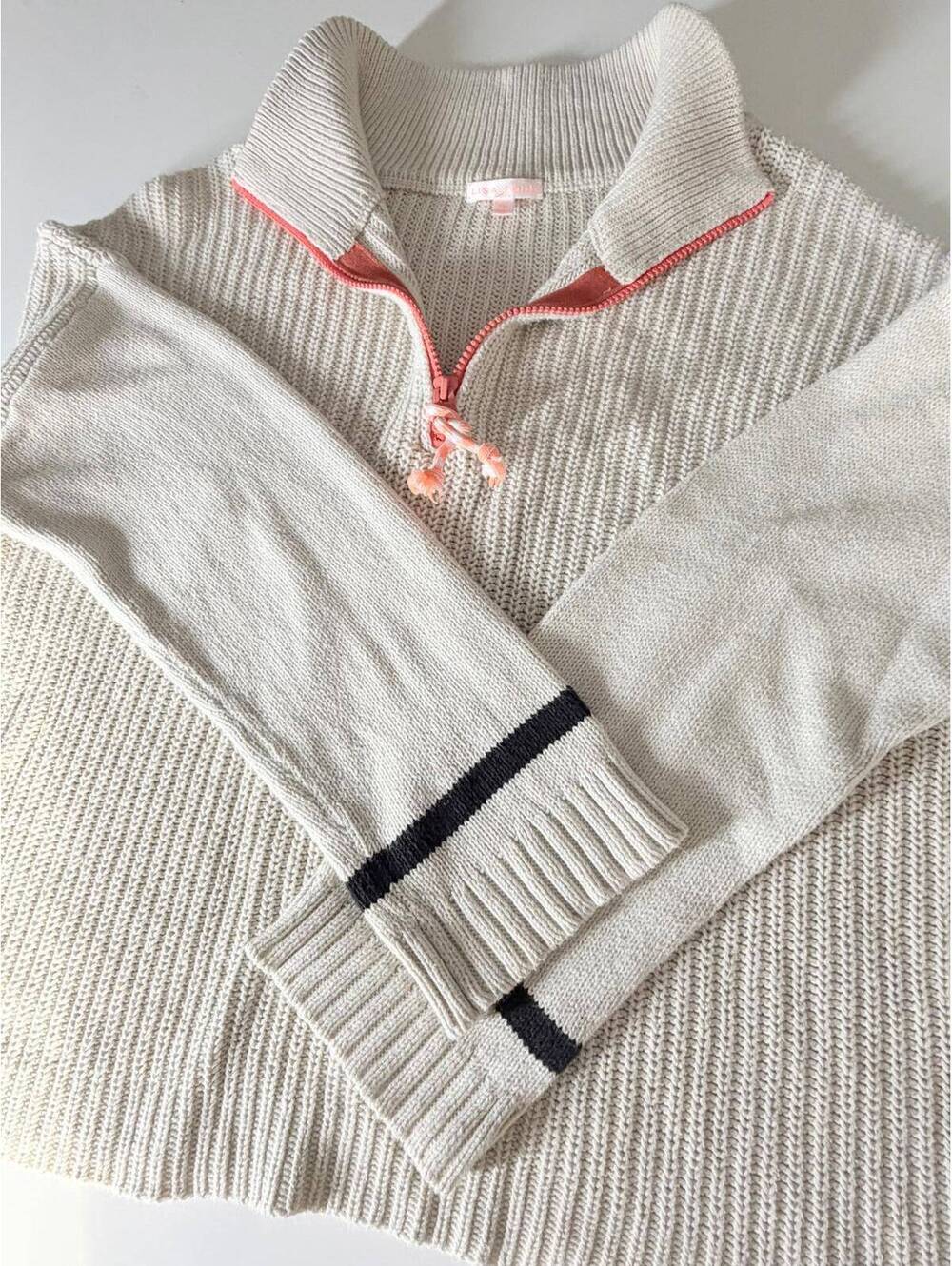 Lisa Todd XL Cream Quarter Zip Ribbed Knit Sweater Coral Zip Cozy Pullover - Picture 12 of 12